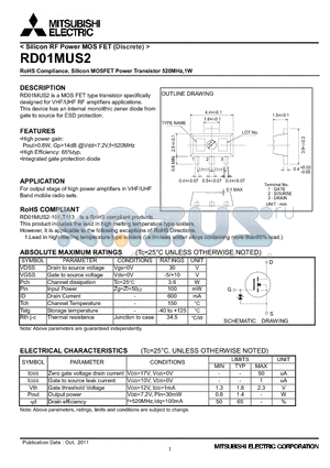 RD01MUS2_11 datasheet - RoHS Compliance, Silicon MOSFET Power Transistor 520MHz,1W