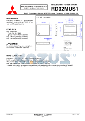 RD02MUS1 datasheet - Silicon MOSFET Power Transistor 175MHz,520MHz,2W