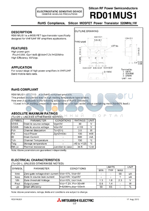 RD01MUS1 datasheet - RoHS Compliance, Silicon MOSFET Power Transistor 520MHz,1W