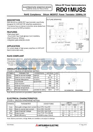 RD01MUS2_10 datasheet - RoHS Compliance, Silicon MOSFET Power Transistor 520MHz,1W