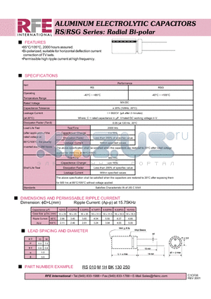RS010M1HBK130250 datasheet - ALUMINUM ELECTROLYTIC CAPACITORS RS/RSG Series: Radial Bi-polar