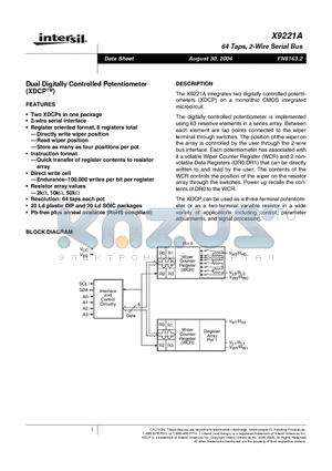 X9221AYSIZ datasheet - Dual Digitally Controlled Potentiometer