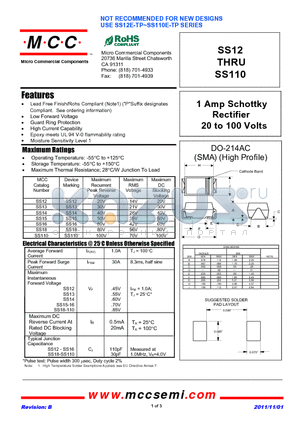 SS110-TP datasheet - 1 Amp Schottky Rectifier 20 to 100 Volts