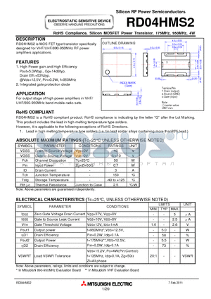 RD04HMS2 datasheet - RoHS Compliance, Silicon MOSFET Power Transistor, 175MHz, 950MHz, 4W