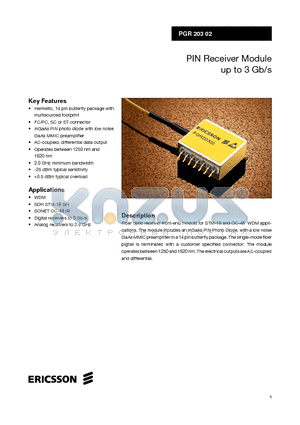 PGR20302 datasheet - PIN Receiver Module up to 3 Gb/s