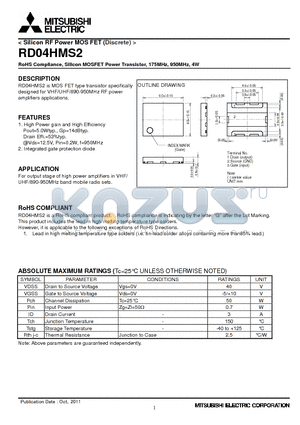 RD04HMS2_11 datasheet - RoHS Compliance, Silicon MOSFET Power Transistor, 175MHz, 950MHz, 4W