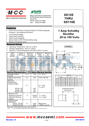 SS110E datasheet - 1 Amp Schottky Rectifier 20 to 100 Volts