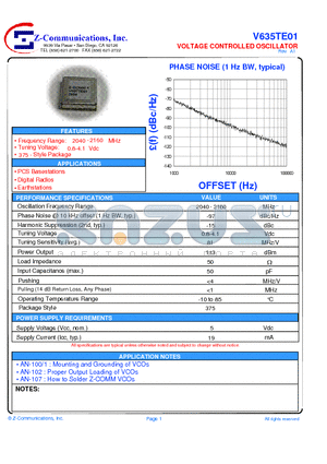 V635TE01 datasheet - LOW COST - HIGH PERFORMANCE VOLTAGE CONTROLLED OSCILLATOR