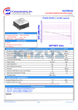 V637MC02 datasheet - VOLTAGE CONTROLLED OSCILLATOR
