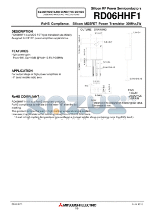 RD06HHF1 datasheet - RoHS Compliance, Silicon MOSFET Power Transistor 30MHz,6W