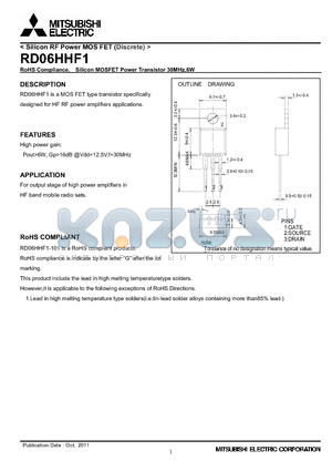 RD06HHF1 datasheet - RoHS Compliance, Silicon MOSFET Power Transistor 30MHz,6W