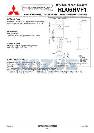 RD06HVF1 datasheet - RF POWER MOS FET Silicon MOSFET Power Transistor 175MHz,6W
