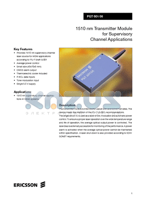 PGT60106 datasheet - 1510 nm Transmitter Module for Supervisory Channel Applications