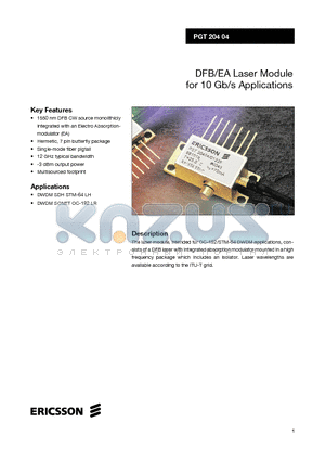 PGT20404 datasheet - DFB/EA Laser Module for 10 Gb/s Applications