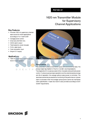 PGT60107 datasheet - 1620 nm Transmitter Module for Supervisory Channel Applications