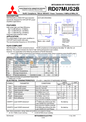 RD07MUS2B datasheet - RF POWER MOS FET Silicon MOSFET Power Transistor,175MHz,527MHz,7W