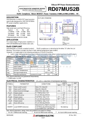 RD07MUS2B datasheet - RoHS Compliance, Silicon MOSFET Power Transistor,175MHz,527MHz,870MHz 7W