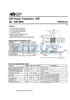 PH0104-16 datasheet - CW POWER TRANSISTOR, 16W, 30-400MHz