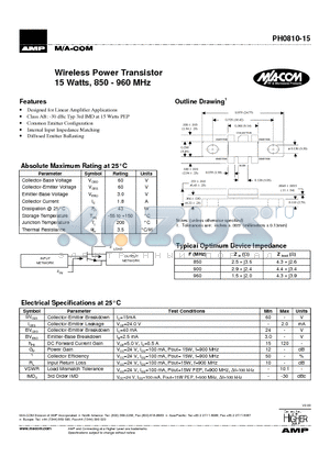 PH0810-15 datasheet - Wireless Power Transistor 15 Watts, 850 - 960 MHz
