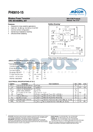 PH0810-15 datasheet - Wireless Power Transistor 15W, 850-960MHz, 26V