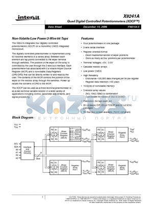 X9241AMPZ datasheet - Quad Digital Controlled Potentionmeters (XDCP)