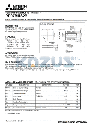 RD07MUS2B datasheet - RoHS Compliance, Silicon MOSFET Power Transistor,175MHz,527MHz,870MHz,7W