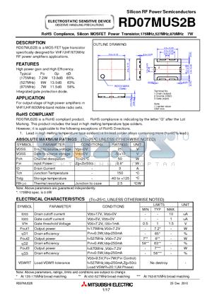 RD07MUS2B_10 datasheet - RoHS Compliance, Silicon MOSFET Power Transistor,175MHz,527MHz,870MHz 7W