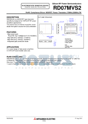 RD07MVS2 datasheet - RoHS Compliance,Silicon MOSFET Power Transistor,175MHz,520MHz,7W