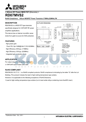 RD07MVS2 datasheet - RoHS Compliance, Silicon MOSFET Power Transistor,175MHz,520MHz,7W