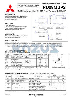 RD09MUP2 datasheet - Silicon MOSFET Power Transistor, 520MHz, 8W