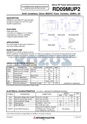 RD09MUP2 datasheet - RoHS Compliance, Silicon MOSFET Power Transistor, 520MHz, 8W