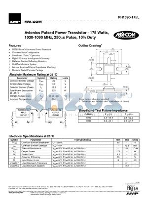 PH1090-175L datasheet - Avionics Pulsed Power Transistor - 175 Watts, 1030-1090 MHz, 250ms Pulse,