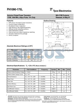 PH1090-175L datasheet - Avionics Pulsed Power Transistor 175W, 1090 MHz, 250ls Pulse, 10% Duty