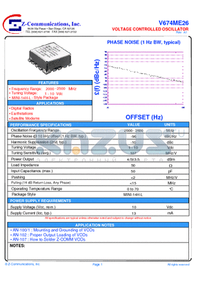 V674ME26 datasheet - LOW COST - HIGH PERFORMANCE VOLTAGE CONTROLLED OSCILLAOTR