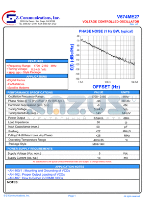 V674ME27 datasheet - VOLTAGE CONTROLLED OSCILLATOR