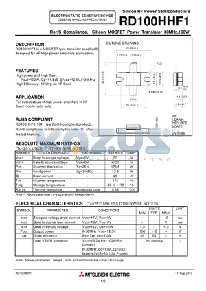 RD100HHF1 datasheet - Silicon MOSFET Power Transistor 30MHz,100W