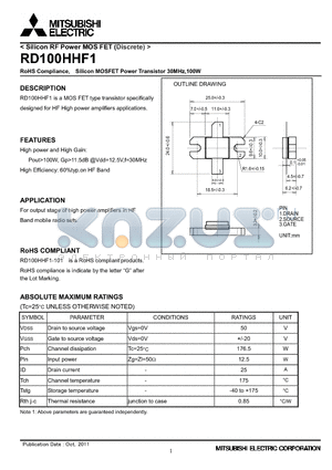 RD100HHF1 datasheet - RoHS Compliance, Silicon MOSFET Power Transistor 30MHz,100W