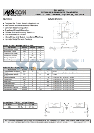 PH1090-75L datasheet - AVIONICS PULSED POWER TRANSISTOR 75 WATTS, 1030 - 1090 MHz, 250us PULSE, 10% DUTY