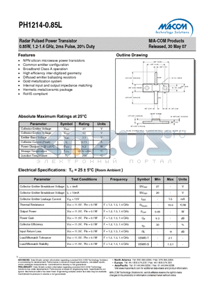 PH1214-0.85L datasheet - Radar Pulsed Power Transistor