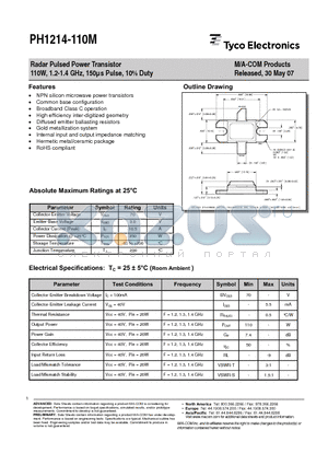 PH1214-110M datasheet - Radar Pulsed Power Transistor 110W, 1.2-1.4 GHz, 150ls Pulse, 10% Duty