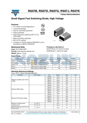 RS07B datasheet - Small Signal Fast Switching Diode, High Voltage