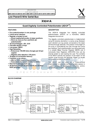 X9241AUVI datasheet - Quad Digitally Controlled Potentiometer (XDCP)