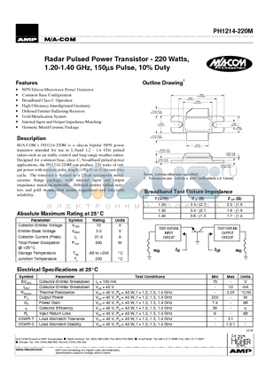 PH1214-220M datasheet - Radar Pulsed Power Transistor - 220 Watts,1.20-1.40 GHz, 150ms Pulse, 10% Duty