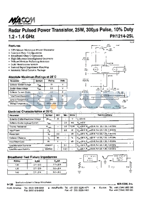 PH1214-25L datasheet - Radar Pulsed Power Transistor, 25W, 300us Pulse, 10% Duty 1.2 - 1.4 GHz