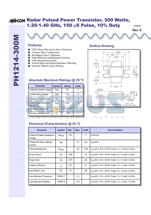 PH1214-300M datasheet - Radar Pulsed Power Transistor, 300 Watts,1.20-1.40 GHz, 150 mS Pulse, 10% Duty