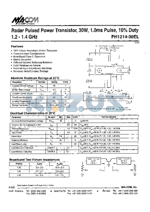 PH1214-30EL datasheet - Radar Pulsed Power Transistor, 30W, 1.0ms Pulse, 10% Duty 1.2 - 1.4 GHz
