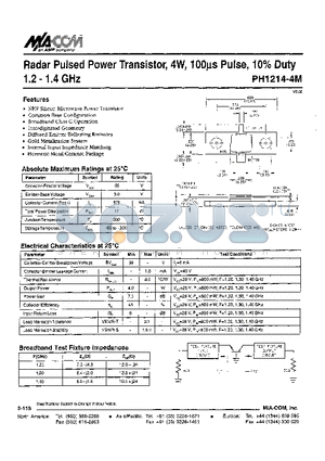 PH1214-4M datasheet - Radar Pulsed Power Transistor, 4W, loops Pulse, 10% Duty 1.2 - 1.4 GHz