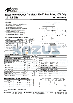 PH1214-IOOEL datasheet - Radar Pulsed Power Transistor, lOOW, 2ms Pulse, 20% Duty 1.2 - 1.4 GHz