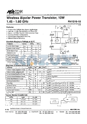 PH1516-10 datasheet - Wireless Bipolar Power Transistor, 10W 1.45 - 1.60 GHz
