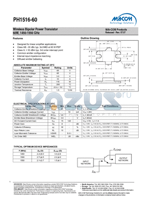PH1516-60 datasheet - Wireless Bipolar Power Transistor 60W, 1450-1550 GHz